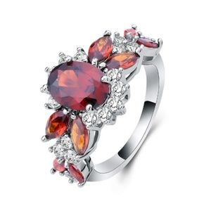 Red Crystal & Diamond Silver Ring